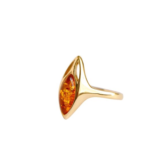14K Gold Amber Ring – Marquise Cut Lithuanian Cognac Amber - Picture 4 of 8